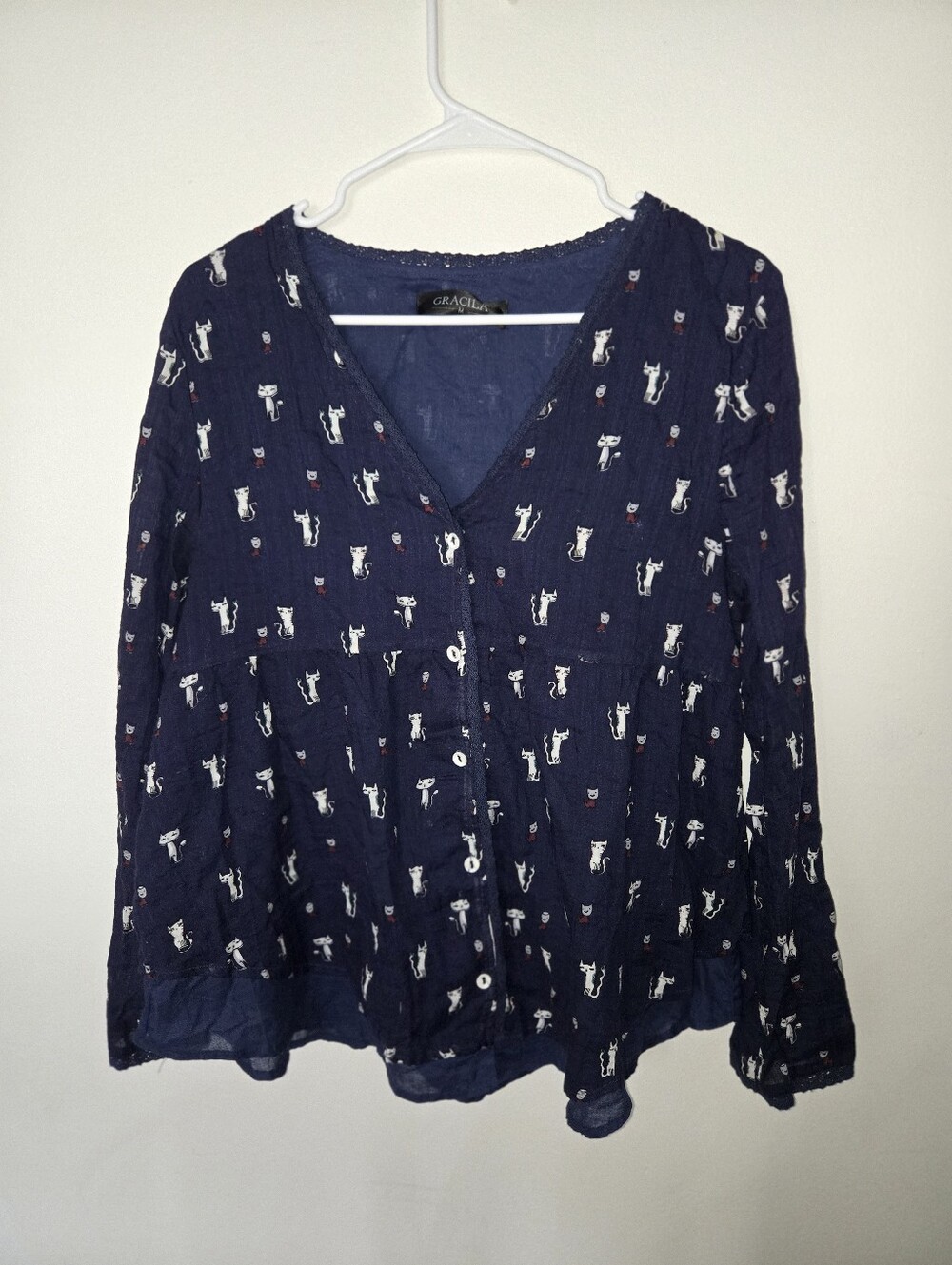 Gracila Navy Blue Novelty Cat Print V-Neck Blouse Top Size M